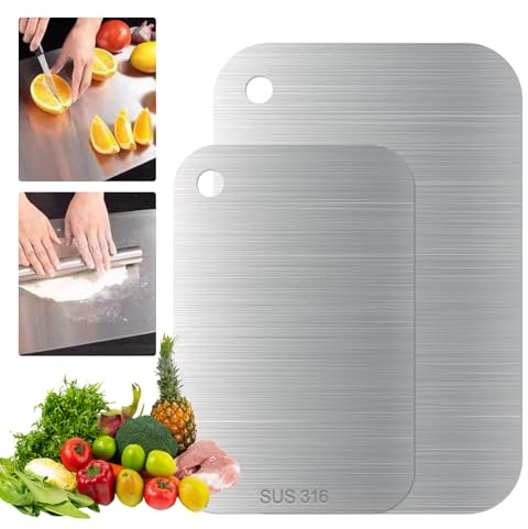Keboyoe 2 Pezzi Taglieres in Acciaio Inox Tagliere in Acciaio Inossidabile 316 Taglieres in Titanio per Cucina Acciaio Inox Tagliere Da Cucina per Carne Frutta Verdura(23,5x14,5 cm, 30x19,5 cm)