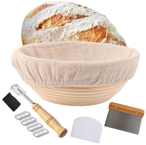 Sourdough Starter Kit Bread Proofing Basket, Round Bread Proofing Basket Set 9/23cm, Round Banneton with Liner and Breads Making Tools Handmade, Natural Rattan Bread Making Accessories