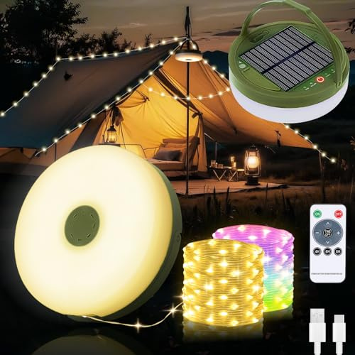 Yizhet Solar String Camping Belysning, 10 m LED-belysning | 8-lägen, sol och USB-laddning, IPX4 vattentät, varm vit och färgglad
