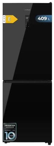 Cecotec Frigorífico Combi 409L Total No Frost Bolero CoolMarket Combi 409 Black Glass E. Altura 185cm, MAX INSIDE con VIP Tech, Compresor Inverter Plus, Bajo Consumo, Cajón Temperatura Variable