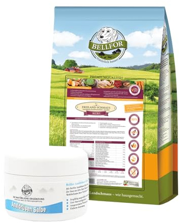 Bellfor set för små hundar för stöd av analkörtelvård, spannmålsfritt torrfoder 2,5 kg och Bellfor Analdrüsen Salbe 30 ml