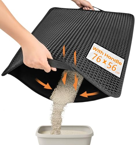 Conlun Alfombrilla para Arenero, 76x56 cm Upgrade con Capa Trasera Super Impermeable, Alfombrilla de Caja de Arena, Antideslizante, Duradera, Suave para las Patas, Alfombrilla de Atrapamiento Negra