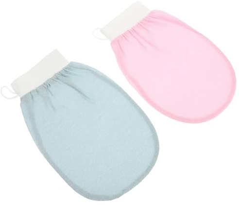 PRETYZOOM Moufles Exfoliants Bain Lot de 2 en Rayonne Douce, Taille Moyenne, Nettoyage en Profondeur Corps et Visage, Peau Délicate, Usage Quotidien, Couleurs Rose et Bleu Océan