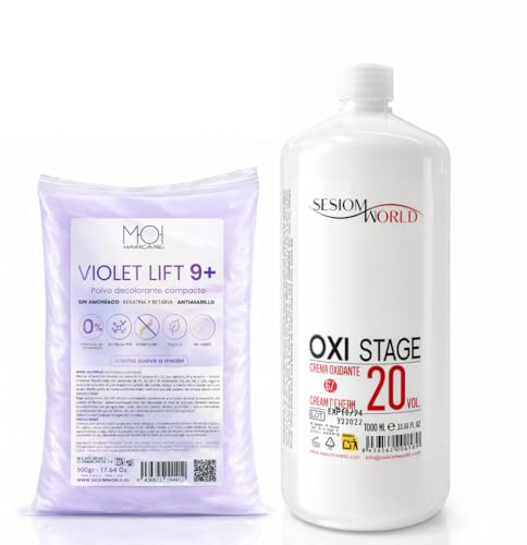 Pack Oxigenada en Crema 1000ml 20 Vol + Polvos Decolorantes de Cabello VIOLETA 9 tonos 500gr | Fórmula Vegana | Superaclarante | Antiamarillo | Con Keratina y Betaína sesioMWorld