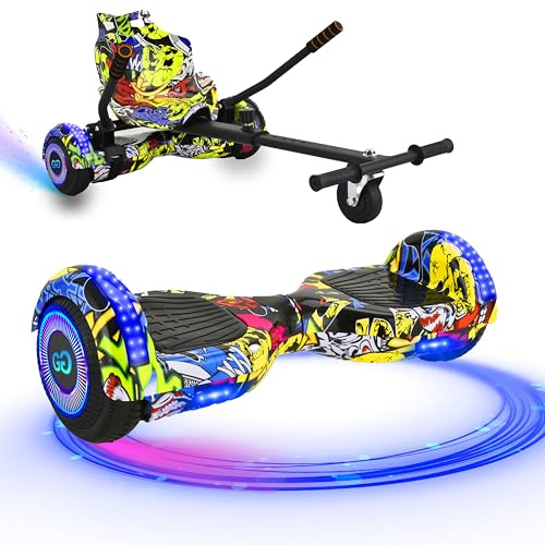 G1 Graffiti Yellow Hoverboard & Hoverkart Bundle | Self-Balancing 6.5 Scooter with LED Lights & Bluetooth | Hoverboard Go Kart Bundle for Kids, Teens, and Adults