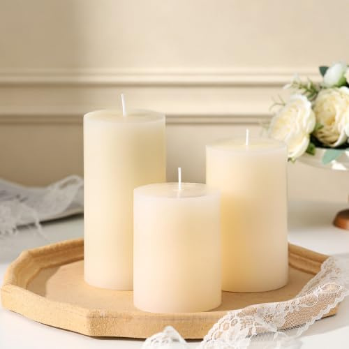 Lot de 3 bougies piliers – Bougies piliers coulées à la main non parfumées sans fumée pour décoration d'intérieur, mariage, bougies cadeaux pour femme, cire végétale naturelle, différentes tailles