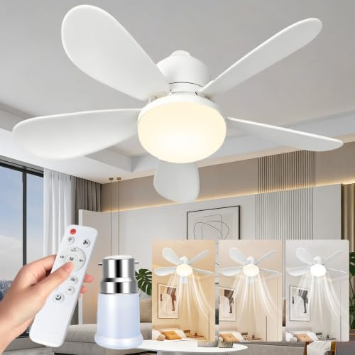 OMUIETIO 46cm Ceiling Fan Light Bulb Bayonet Fitting, Ceilings Fans with Light & Remote Control, Ceiling Fans Lights Dimmable, E27/B22 Ceilings Lamp with 3 Speeds 3 Color Temperature (52cm-White-B22)