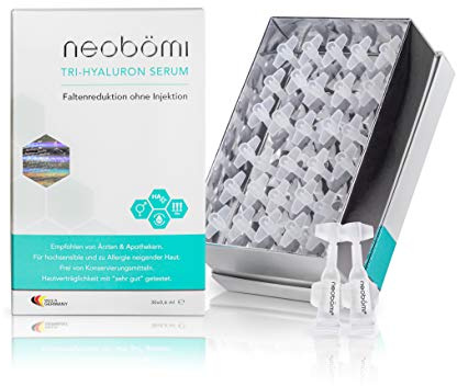 Hyaluronsäure Serum Hochdosiert - Hyaluron Anti-Aging Gesichtscreme gegen Falten - 30 hochkonzentrierte Ampullen von neobömi® - Natürliches Gesichtsserum - Dermatest Testsieger - Made in Germany