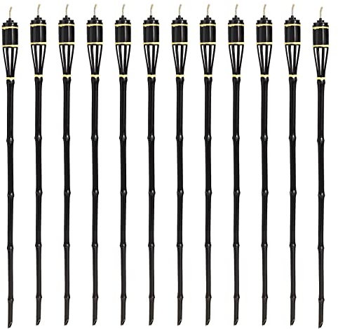 12x Black 113cm Bamboo Garden Fire Torches - Outdoor Paraffin Lamp Oil Burner Tiki Candle Flame Lantern Stake Light - by Harbour Housewares