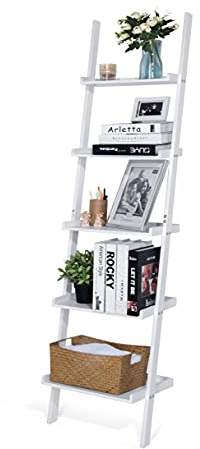 HYNAWIN Ladder Shelf 5-Tier Bookshelf – Storage Rack Shelves Wall Leaning Shelf,White Freestanding Plant Flower Stand, Corner Display Bookcase