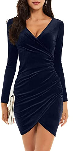 Niwicee Abito da Sera Donna Vestito Velluto Maniche Lunghe Scollo a V Abiti Tubino Elegante Raffinata Sexy Vestiti Sera Capodanno Abito da Cocktail Vestito Donna Invernale