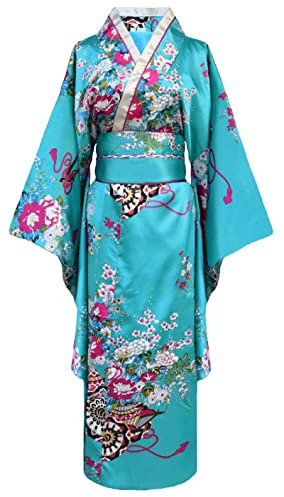 Bon amixyl Japanischer Kimono für Damen, traditionell, junge Dame, Yukata, mit Kleid, Cosplay-Kostüm, Satin-Bademantel, blau, 38