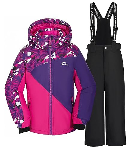 SMONTY Conjunto de Esquí niñas chaqueta y pantalones de esquí de invierno correas con capucha A prueba de viento Impermeable Cálido(Púrpura Roja-púrpura colorida, 14-16)