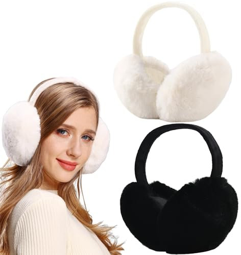 FSMILING Ohrenwärmer Damen Ohrenschützer Damen Winter Ohrenwärmer Verstellbar Plüsch Ohrenwärmer Für Daman Erwachsene,weiß & schwarz