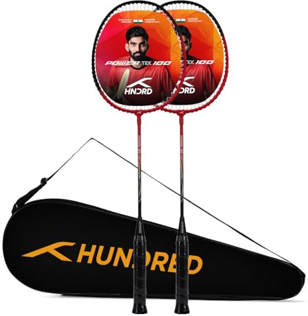 HUNDRED POWERTEK 100 (Set of 2) Badminton Racket with Full Cover (Red/Black) | Material: Aluminium | Maximum Tension: 16-18lbs | for Intermediate Player