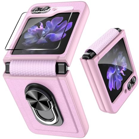 Fewdew Cover per Samsung Z Flip 5,Cover Z Flip 5 con Cerniera Protezione e Protezione Dello Schermo Posteriore,360°Rotante Anello Supporto,Anti-Graffio,Custodia per Samsung Galaxy Z Flip 5,Rosa