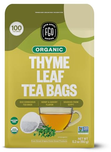 FGO Organic Thyme Leaf Tea, 100 Count, Eco-Conscious Tea Bags, Caffeine Free, Resealable Bag, Packaging May Vary (Pack of 1)
