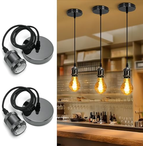 Aigostar Chrome Pendant Light Fitting, Black Pendant Light Fitting with E27 Lamp Holder, Chrome Ceiling Rose Light Pendant Fitting, 2 Pack