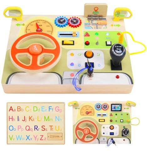 Baeroly Montessori Sensorikspielzeug mit simuliertem Lenkrad und LED-Lichtschaltern - Holzschalttafel für Kleinkinder Busy Board- Ideales Reisespielzeug und Geschenk für Jungen und Mädchen