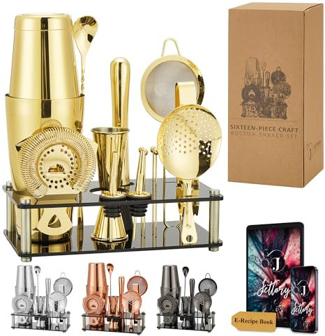 Set Shaker Boston 16 Pièces - Kit Barman en Acier Inoxydable 304 avec Support Acrylique, Passoire, Cuillère, Jigger, Pilon, Pince à Glace, Verseurs et Picks à Cocktail (Or)