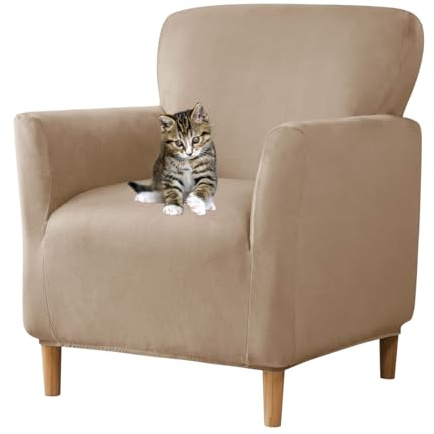 SONNACH Stretch Chair Covers with Arms 1-Piece Banquet Armchair Slipcover Velvet Mid Century Modern Armchair Slipcover Anti-Slip Furniture Protector for Living Room Friendly for Kids Pets (Khaki)