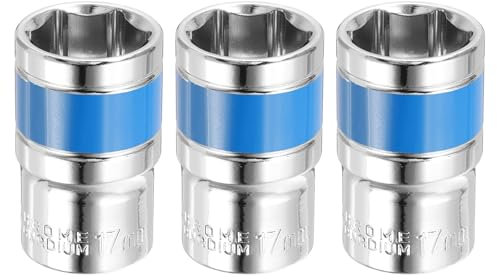 QUARKZMAN 3 Enchufe de Impacto de 1/2 y 6 Puntas, Métricos de 17 mm, Poco Profundo, Llave de Vaso Eléctrica de Vaso Poco Profundo para Reparación Mecánica de Automóviles, Plateado y Azul