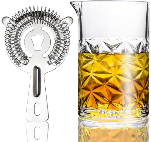 Cocktail Mixing Glass with Strainer Set, 24 oz Crystal Stirring Glass with 304 Stainless Steel Strainer, Elegant and Professional Barware Tools, Bartender Gifts for Men, Housewarming Gift