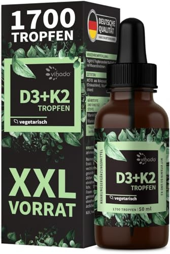 Vihado Vitamin D3 K2 Tropfen hochdosiert für Erwachsene, XXL Packung mit 1000 IE Vitamin D3, Premium Reinheit ohne Zusätze, 50 ml (1.700 Tropfen)