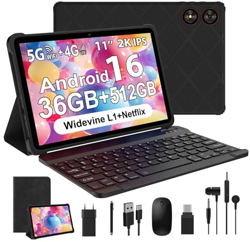 WOREGOO Tablet Android 16 de 11 Pulgadas, 4G LTE y WiFi 5G, Octa-Core, 36 GB RAM + 512 GB ROM (1TB TF), Pantalla HD, Widevine L1/Cámara 8+13 MP/8000 mAh/GMS/GPS, con Teclado+Ratón (Negro)