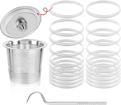 21pcs Silicone Gaskets Set for Keurig Reusable Coffee Filter, Leak-Proof & Reusable Silicone Seal Ring Replacement and Crochet Hook for Stainless Steel Refillable K Cup Machine Accessories Parts