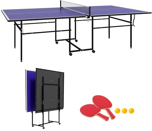 SPORTNOW Mesa de Ping-Pong Profesional Plegable Mesa de Tenis de Mesa con 4 Ruedas, Red, 2 Palas y 3 Pelotas para Interior y Exterior 274x152,5x75,5 cm Azul