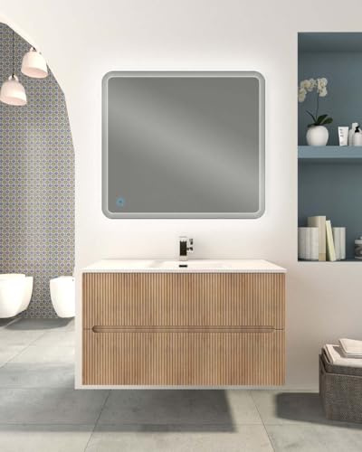 Generico Mobile bagno sospeso 100 cm frontali plissé e lavabo in ceramica (Rovere Naturale)