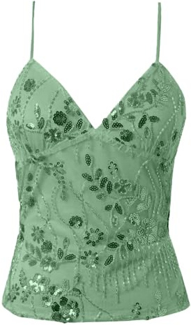 Nlaayong Crop Tops Y2k Haut à Paillettes pour Femme Dos Nu Clubwear Summer Tops avec Paillettes Sexy Disco Bretelles Spaghetti Haut Camisole Haut d'été sans Manches