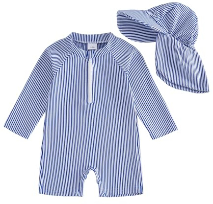 Caziffer Maillot de Bain Une Pièce avec Zip pour Bébé Garçon Maillot de Bain Garçons Manches Longues Protection Solaire avec Chapeau de Soleil (Bleu, 3-6 Months)