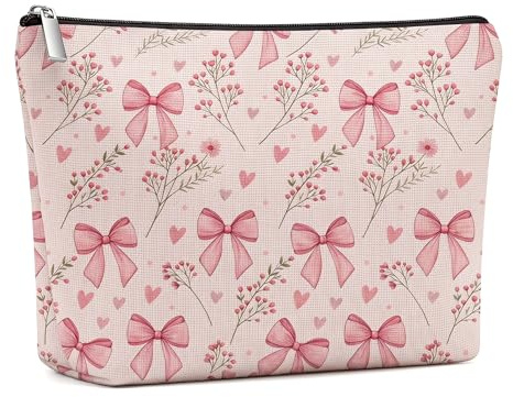 Pink Bow Make up Bag for Women Girls, Cute Coquette Makeup Bags with Zipper, Sweet Lovely Heart, Bow & Floral Preppy Makeup Pouch, Stylish Travel Toiletry Bag Gifts for Womens Teenage Girls