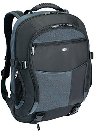 Targus Laptop Backpack, Fits Laptops Up To 18, Water Repelling Rain Cover, Padded Shoulder Straps with Chest and Waist Straps, Moulded Carry Handle, Black/Blue