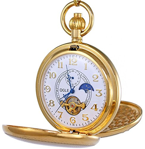OGLE Vintage Copper Double Cover Tourbillon Phases Moon Chain Fob Self Winding Automatic Mechanical Pocket Watch/Gold Dial (White Dial)