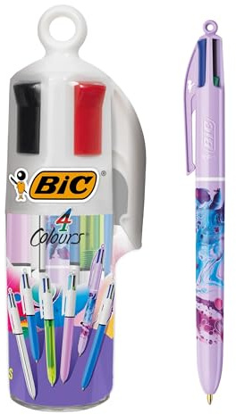 BIC 4 Farben Kugelschreiber Set 4 Colours, 6er Stifte Set in neongelbem Stiftebecher, Ideal für das Büro, das Home Office oder die Schule