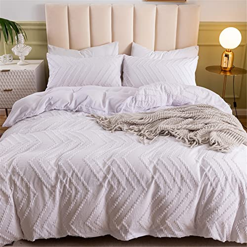 Odot Fundas de Edredón Jacquard Cheurón, Juego de Ropa de Cama con Funda de Nórdico y Funda de Almohada, Juego Ropa de Cama para Cama Individual y Matrimonio (Blanco,200x230cm-3 Piezas)