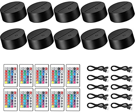 Paquete de 10 Bases de LáMpara de Luz LED de Noche 3D + Control Remoto + Cable USB, Soporte de ExhibicióN de Luz de 16 Colores para AcríLico Negro
