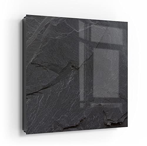 DEQORI Schlüsselkasten schwarz | 30x30 cm | Motiv Schiefersteinoptik | Glas & Metall Schlüssel-Box | Schlüsselschrank mit 50 Haken + 2 Magnete | Moderne Box magnetisch & beschreibbar