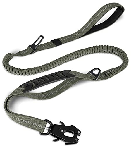 Joytale Tactical Dog Lead Heavy Duty, 1.2-1.8m Shock Absorbing Bungee leash with 2 Handle, Metal Carabiner Clip, Car Seatbelt, Strong No Pull Lead for Medium Large X-Large Dogs, Army Green