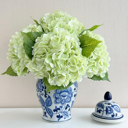 ZYTUYO 3 PCS Light Green Silk Artificial Hydrangea Flowers 21 Faux Large Real Touch Latex Floral Head with Long Stems Leaves for Wedding Home Kitchen DIY Bouquet Bride Decor