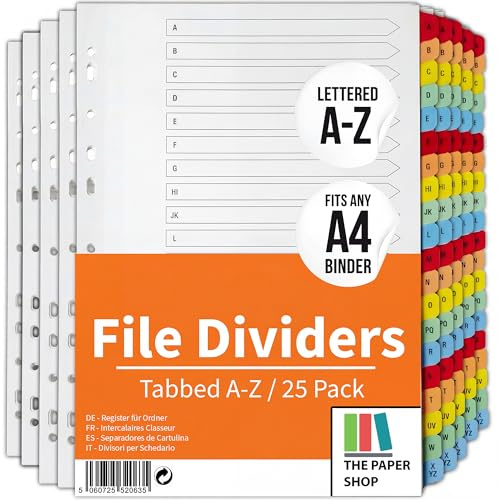 The Paper Shop File Dividers A4 A-Z - Alphabetical Index Tabs (25 Pack) | Bulk Alphabetical Dividers for Ring Binders & Lever Arch Files | A to Z Subject Dividers for Schools & Offices