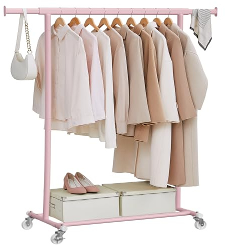 SONGMICS Stand Appendiabiti con Ruote, Attaccapanni Estensibile per Carichi Pesanti, Portata Totale 100 kg, 45 x (92-132) x 161,5 cm, Facile da Montare e Spostare, Rosa Pastello HSR013R01