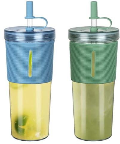 ZgoEC 710ml Trinkbecher mit Deckel und Strohhalm, Plastikbecher Wiederverwendbar Becher mit Strohhlam, 2 Stück Smoothie Becher Eiskaffee Becher, Tumbler Becher für Haus Garten Trinken (Grün+Blau)