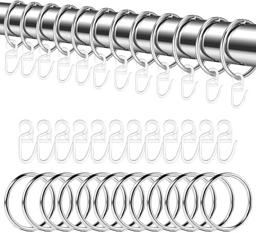 Littlegaofeithing 24Pcs Anillos de Cortina de Metal 30 mm,Anillos de Cortina silenciosos con 24 Ganchos de plástico,para Colgar Cortinas Puerta de Ducha Ventana Barras de Cortina (Plata)