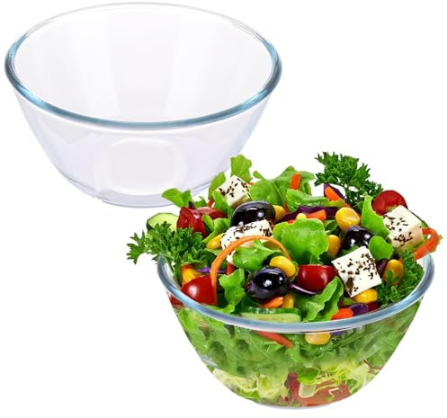 AHAQU 2PCS Glass Mixing Bowl, 1L Glass Salad Bowl, Kitchen Glass Bowl Set for Serving Dessert, Fruit, Trifle, Crisps, Dishwasher, Microwave, Freezer and Oven Safe