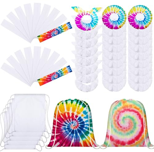 Abbylike 48pcs Tie Dye Party Cotton Drawstring Backpacks Scrunchies Bow Hair Ties Elastic Headbands Cotton Hair Accessories for DIY