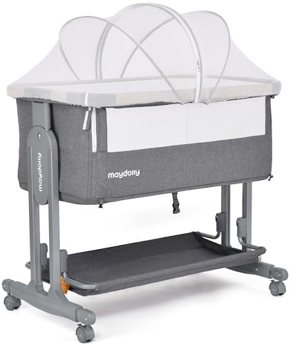 Maydolly Baby Beistellbett,3 in 1 Babybett mit Aufbewahrungskorb, Tragbare Krippe mit Rädern, Höhenverstellbar, Krippe mit Moskitonetz und Matratze für Säuglinge/Neugeborene,Grau